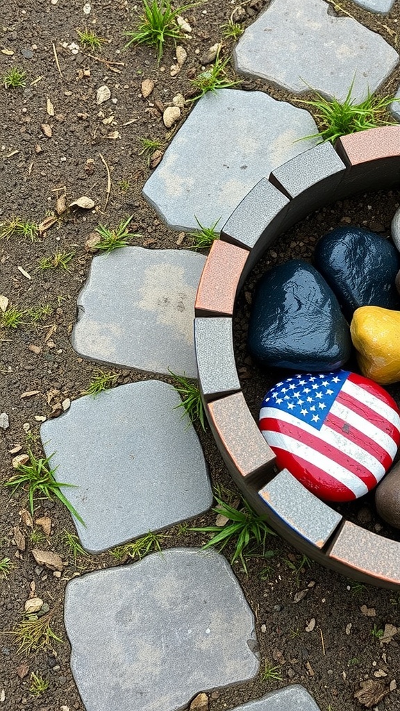 Painted stones with an American flag design next to a stone pathway.