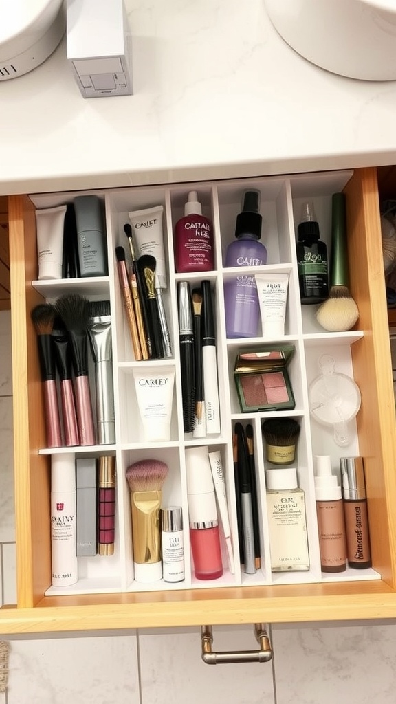 An organized bathroom drawer with dividers holding various beauty and skincare products.