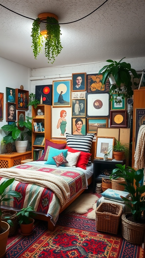 Bohemian-style basement bedroom featuring colorful decor, plants, and artwork on the walls.