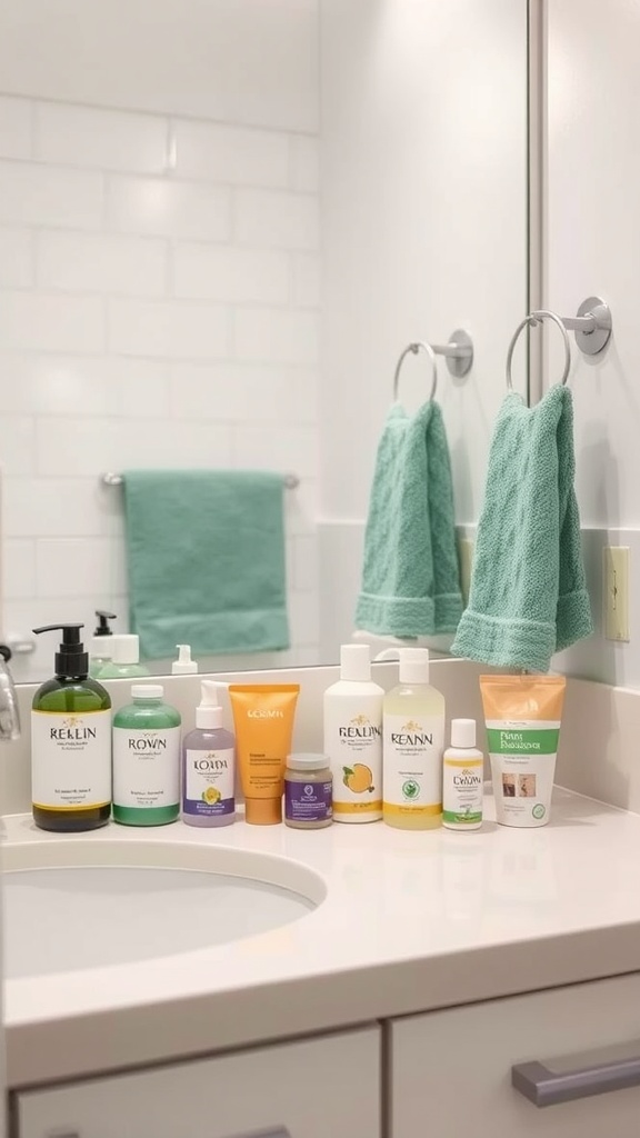 A lineup of eco-friendly bathroom products on a countertop, showcasing natural ingredients and sustainable packaging.