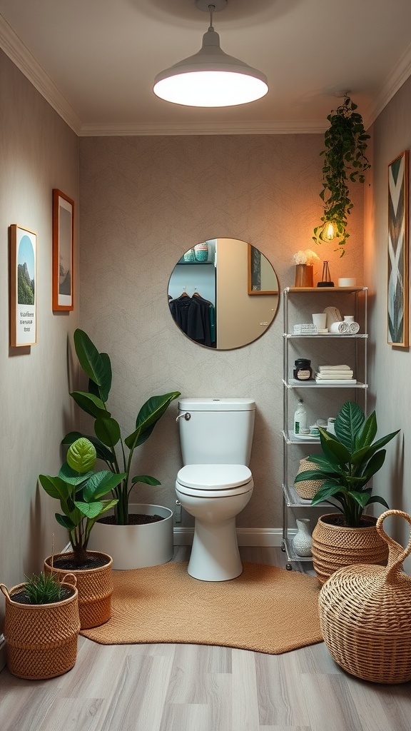 A compact eco-friendly facial room with plants, natural decor, and a mirror.