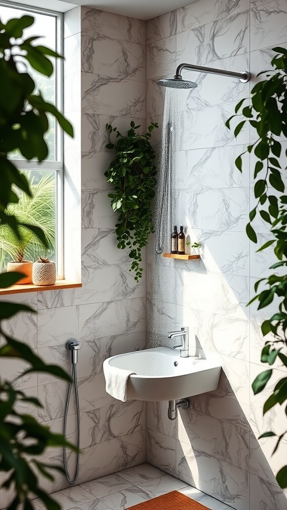 A modern bathroom featuring an eco-friendly shower and sink surrounded by plants.