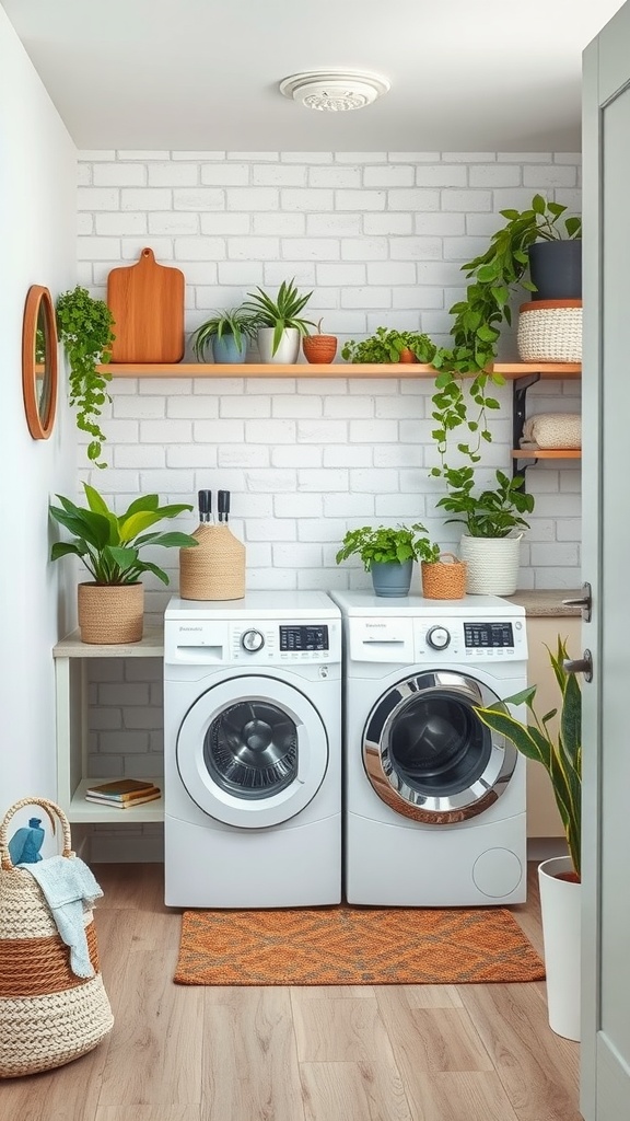 A modern eco-friendly laundry room with white appliances and plenty of plants