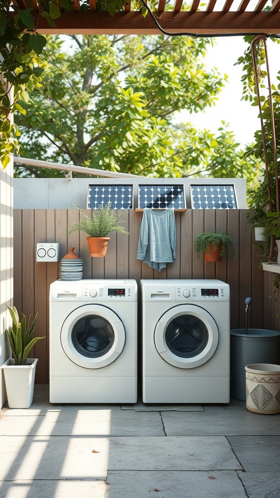 Outdoor laundry room with washing machines, solar panels, and plants.