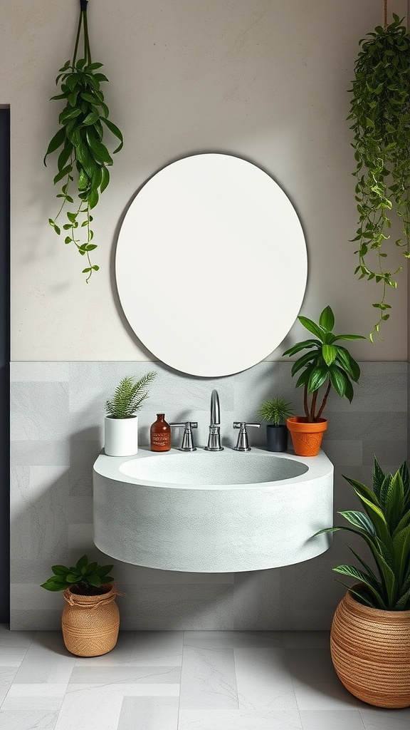 An eco-friendly bathroom sink setup featuring a wall-mounted sink surrounded by various plants, including hanging and potted greenery.