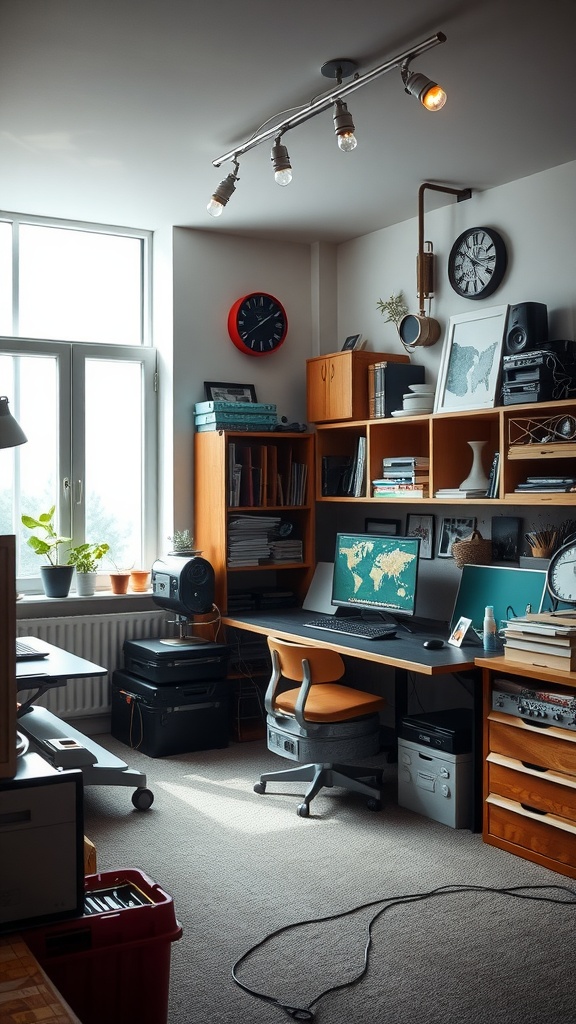 A cozy hobby room featuring track lighting, a desk, and shelves filled with books and plants.
