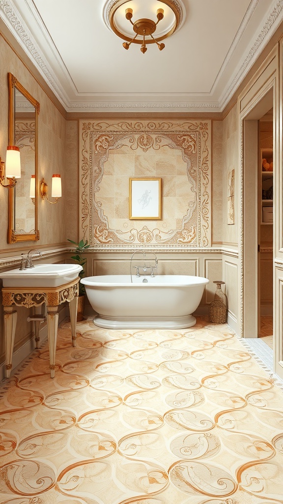 Luxurious bathroom featuring elegant beige tile patterns with intricate designs.