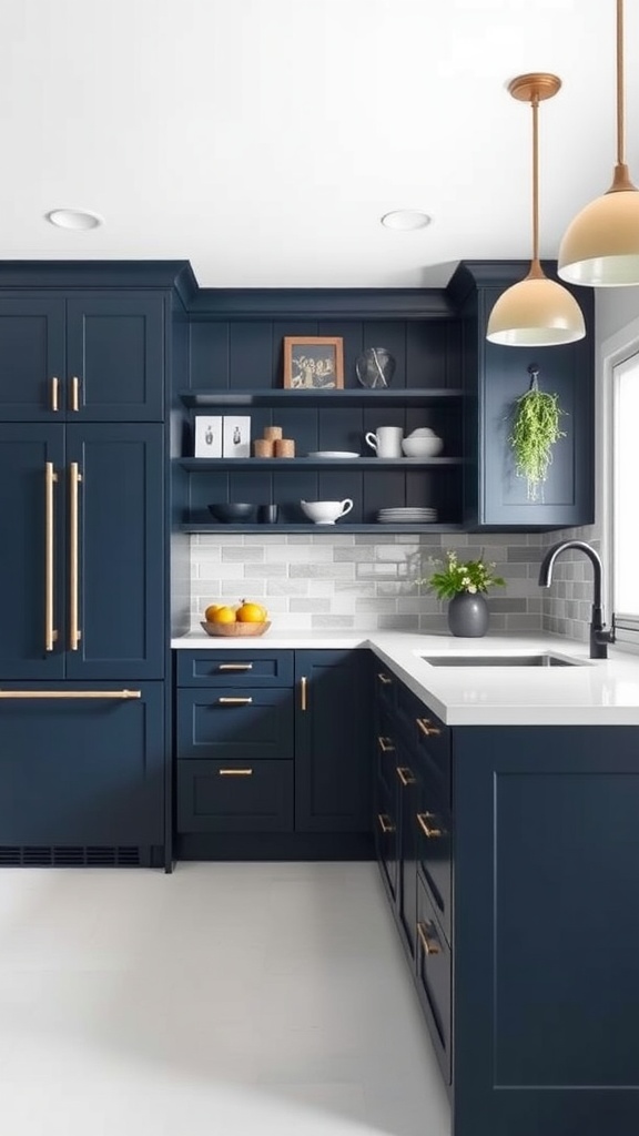 A navy blue kitchen with white countertops and gold hardware