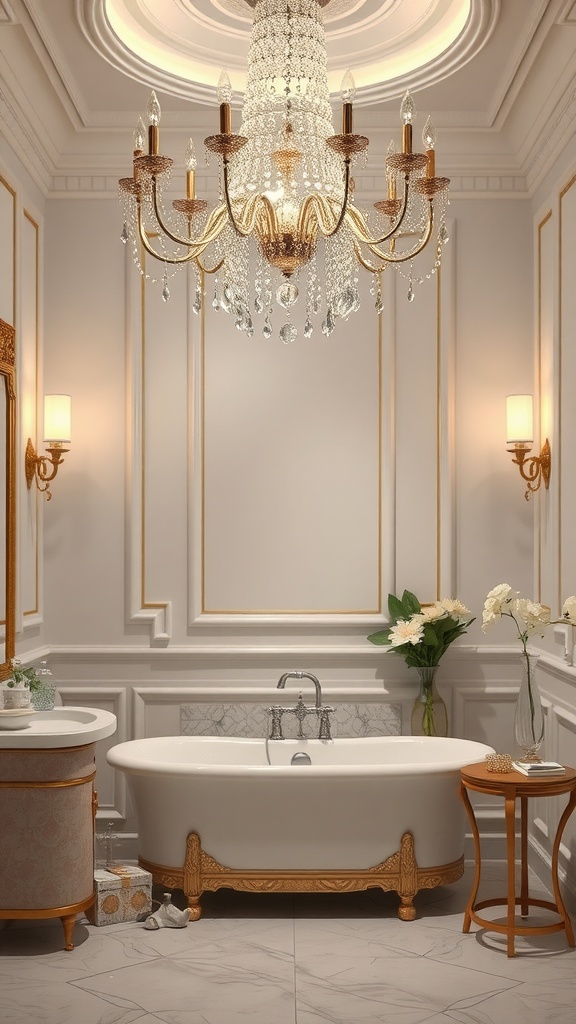 Luxurious bathroom with a crystal chandelier above a freestanding bathtub.