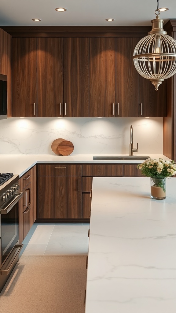 Kitchen with dark oak cabinets and marble countertops