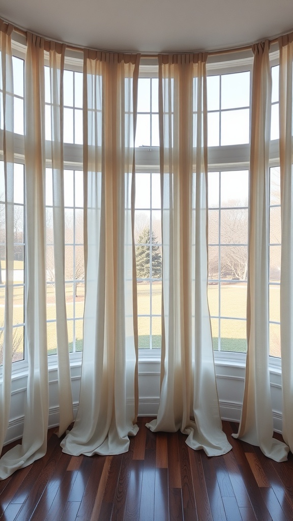 Floor-length beige curtains in a sunroom with large windows
