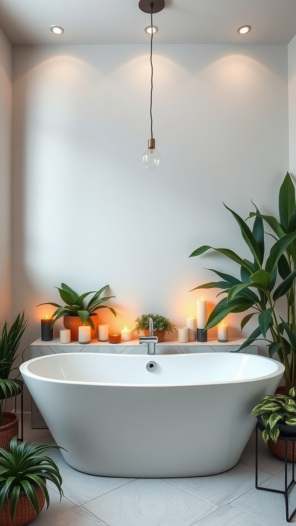 A freestanding white bathtub surrounded by plants and candles, creating a serene bathroom environment.