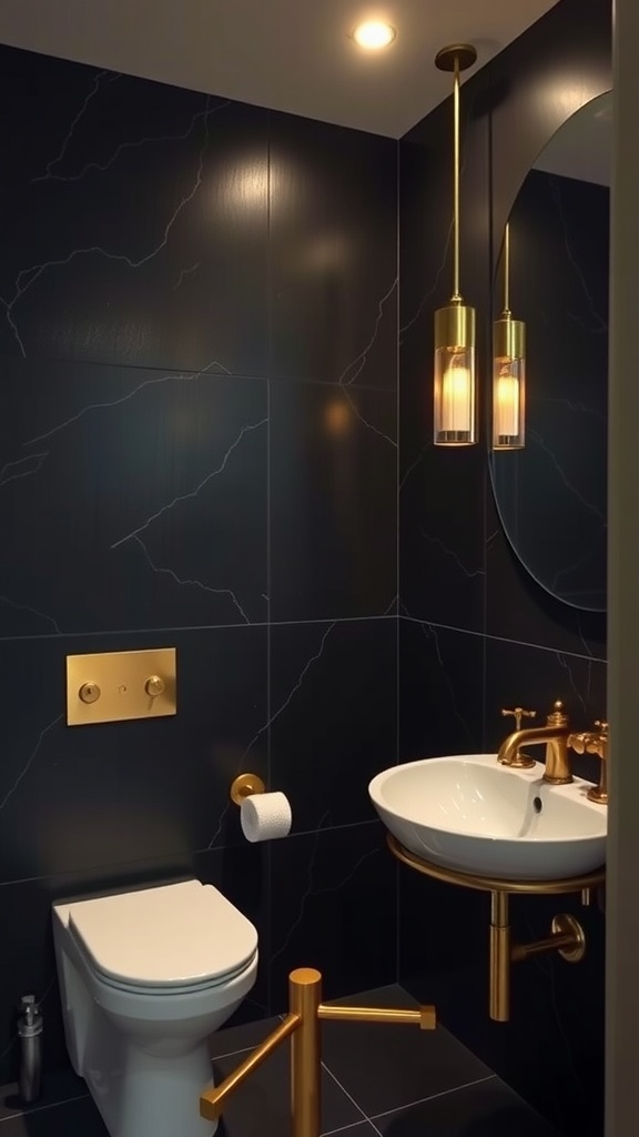 A stylish bathroom featuring black walls and elegant gold fixtures.