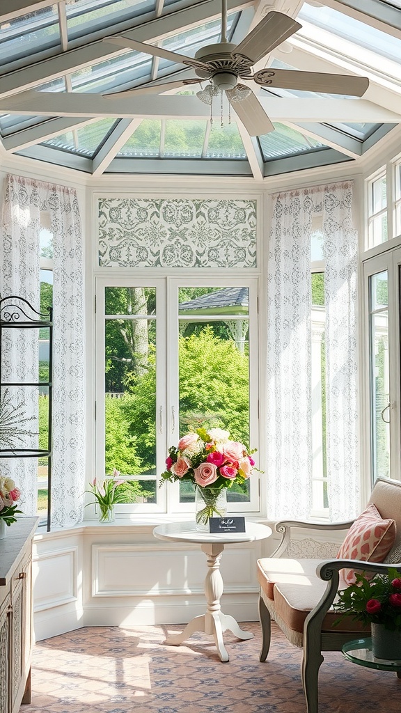 A sunroom featuring elegant lace curtains, a floral arrangement on a round table, and a cozy chair.