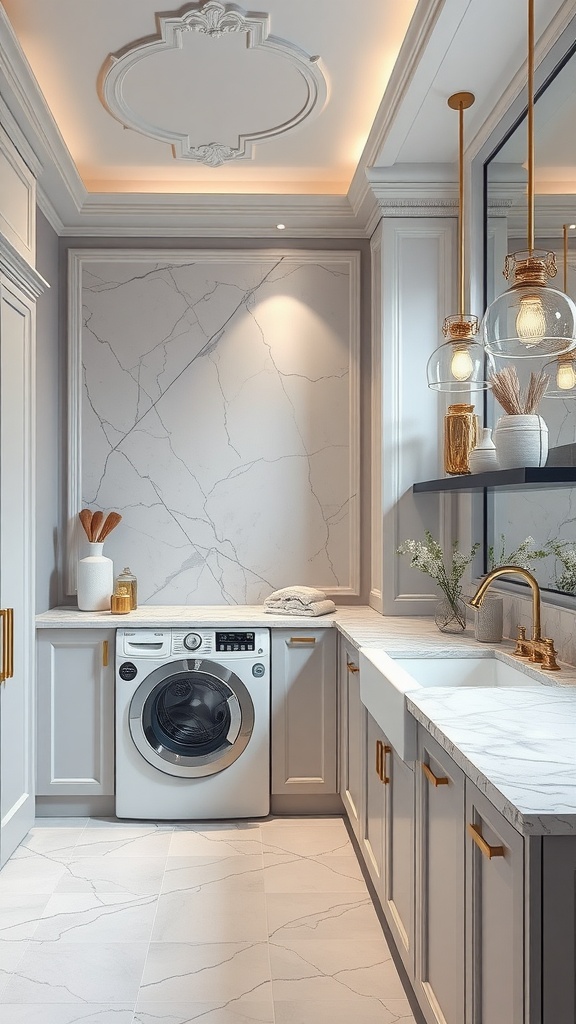 A modern laundry room with marble features, featuring a washing machine, stylish cabinetry, and elegant lighting.