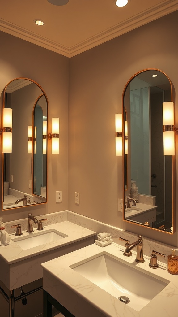 A stylish bathroom featuring double arched mirrors with warm sconces and modern fixtures.