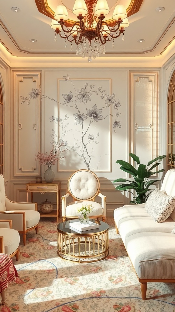 A stylish small facial room with elegant furniture, a chandelier, and decorative elements.