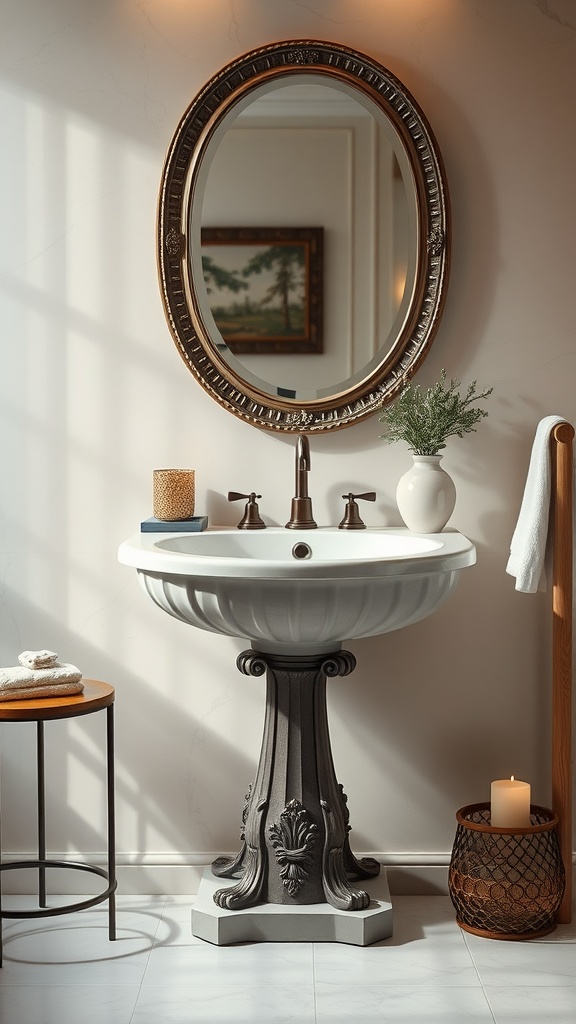 A stylish bathroom sink featuring a white vessel on a decorative dark base, accompanied by simple decor elements like a vase and candle.