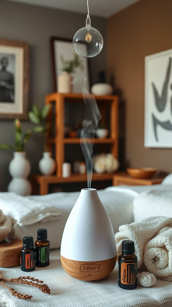 A modern essential oil diffuser with steam, surrounded by essential oil bottles in a cozy massage room setting.