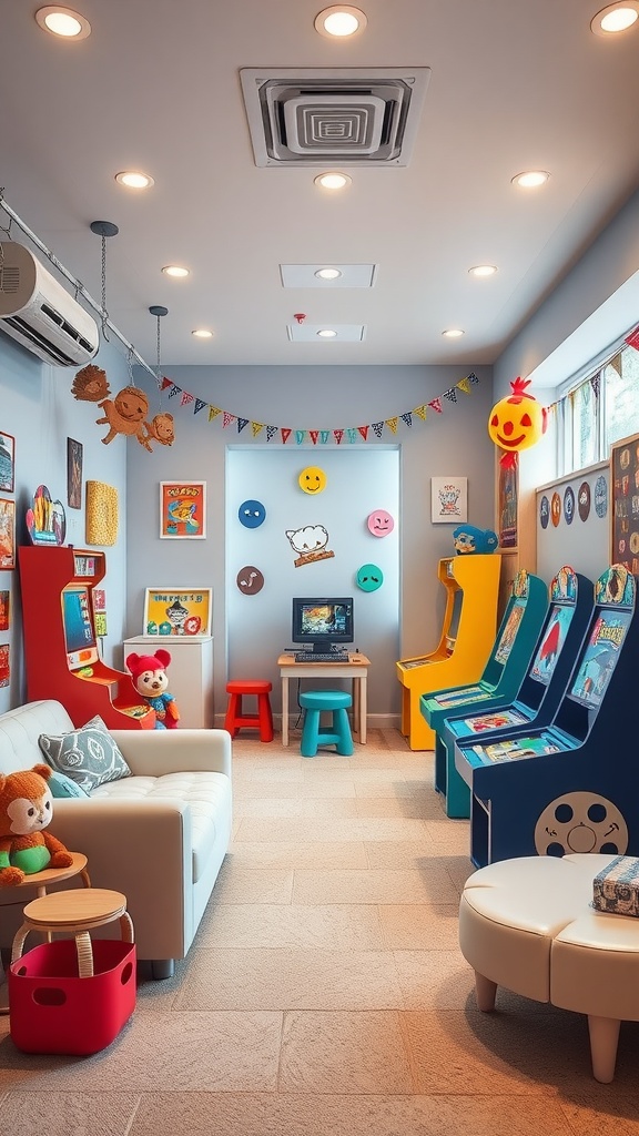 A colorful family-friendly game room with arcade machines, a cozy couch, and playful decorations.