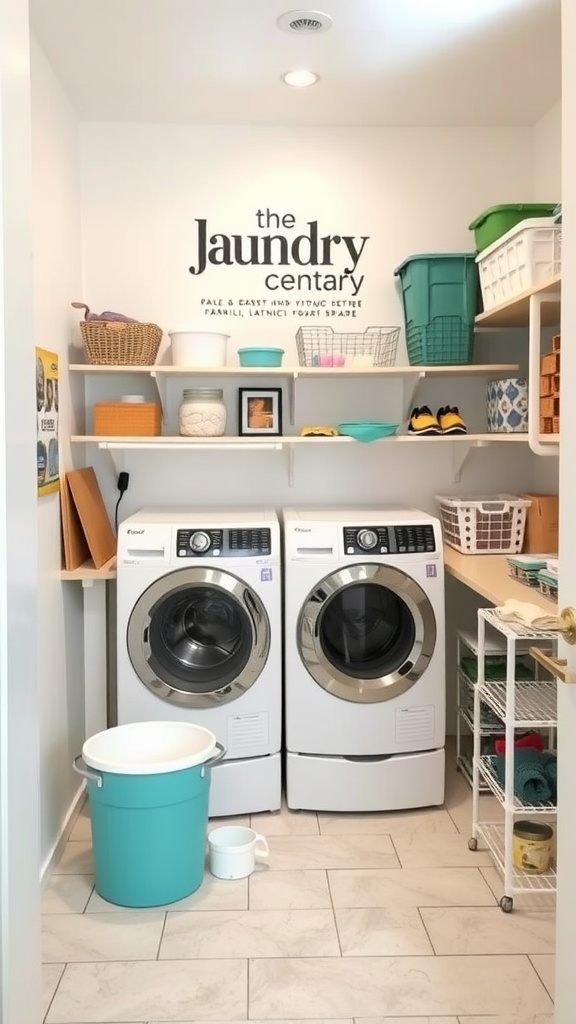 A modern family-friendly laundry room featuring two washing machines, organized shelves, and colorful storage baskets.