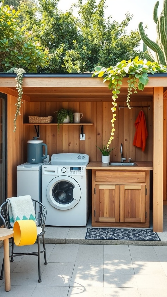 A family-friendly outdoor laundry room featuring modern appliances, wooden accents, and greenery.