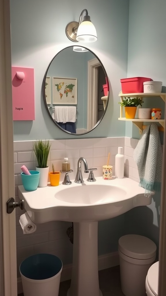 A family-friendly bathroom sink area featuring colorful decor and plants.