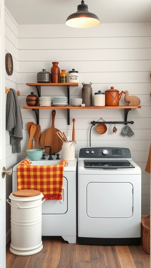 A cozy farmhouse-style laundry room featuring open shelves with decorative items, a modern washing machine and dryer, and a warm color scheme.