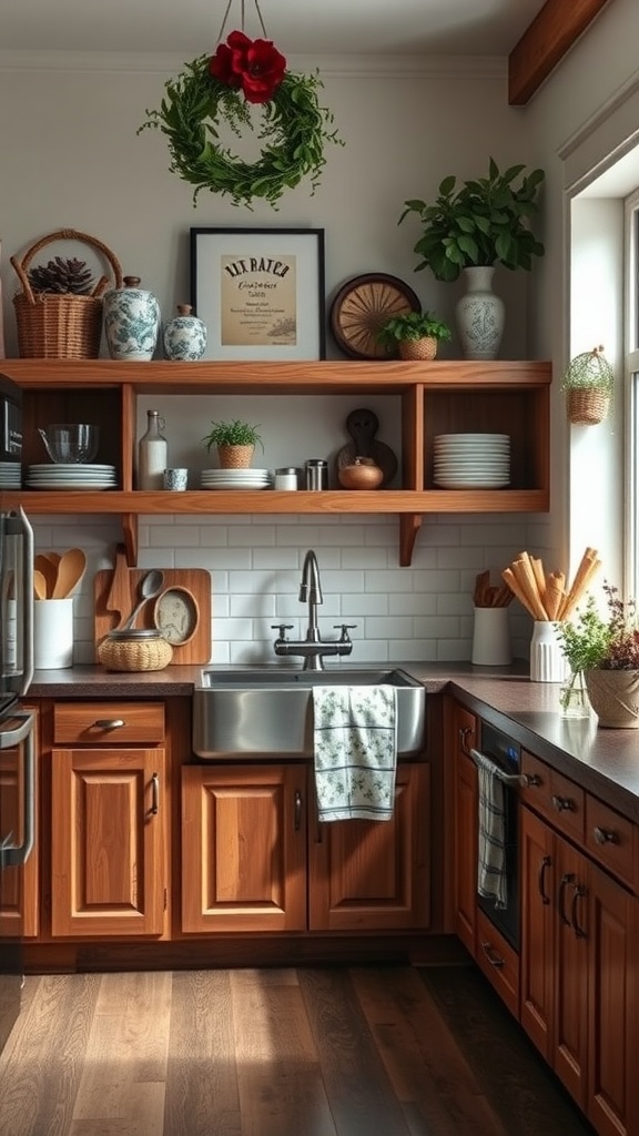 A cozy farmhouse kitchen with oak cabinets, open shelves, vintage decor, and a farmhouse sink.