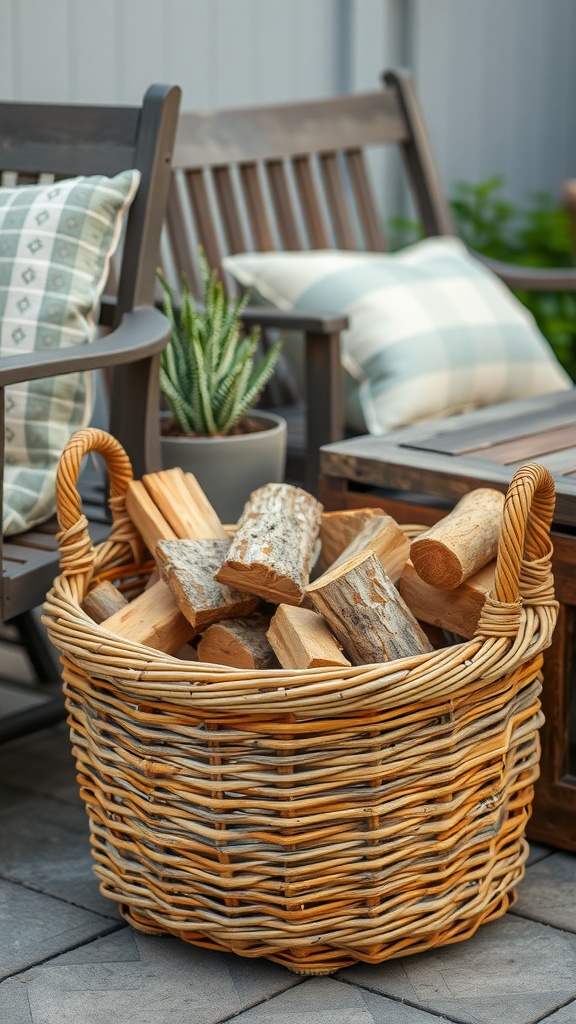 A woven firewood basket filled with logs beside a patio seating area with pillows.