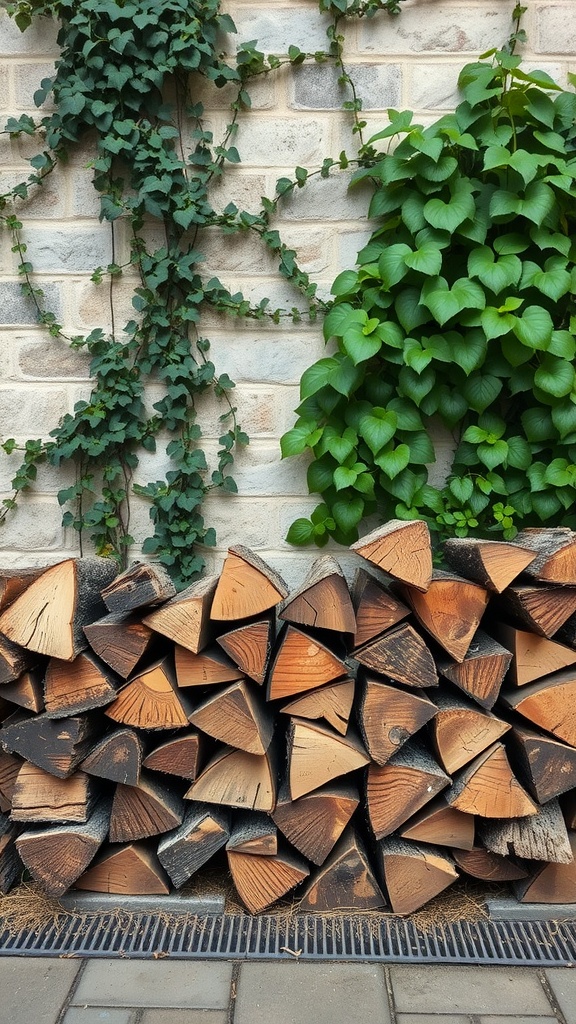 Neatly stacked firewood against a garden wall with ivy growing beside it.