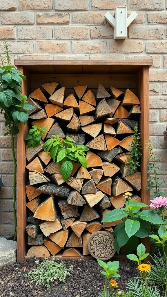 Wooden frame holding neatly stacked firewood, with green plants and flowers integrated around it.