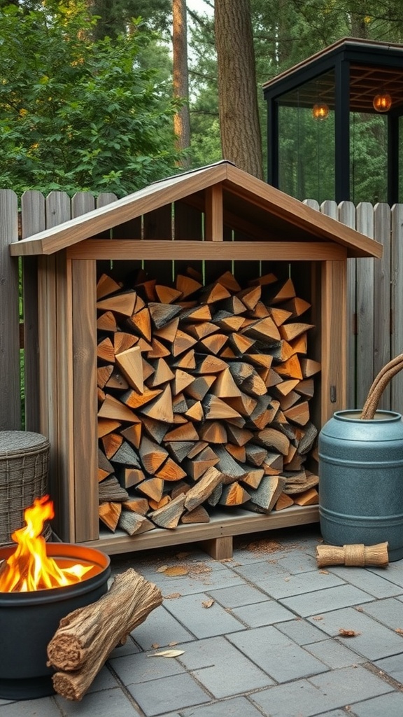 A rustic wooden firewood storage shed filled with neatly stacked logs, accompanied by a fire pit and surrounded by lush greenery.