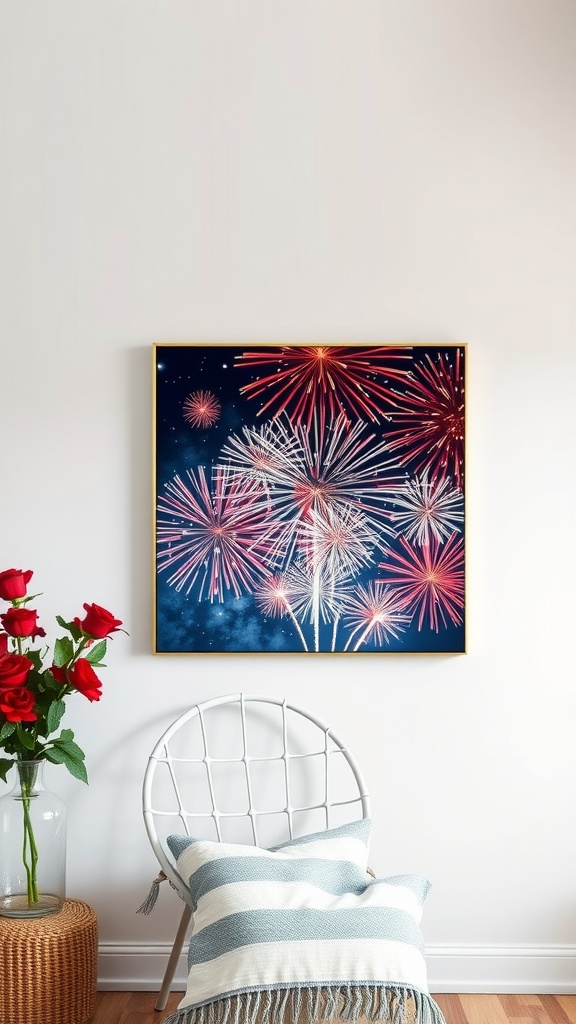 A vibrant firework-inspired wall art piece featuring colorful fireworks against a dark blue background, displayed above a cozy chair and a vase of red roses.