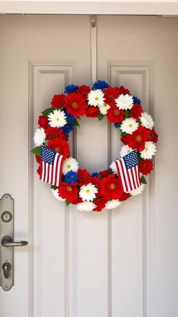 A patriotic wreath made of red, white, and blue flowers with small American flags