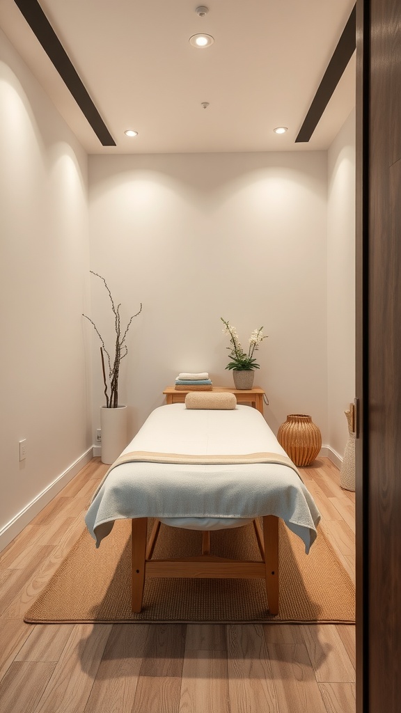 A small massage room featuring a massage table, soft linens, and a warm, inviting decor.