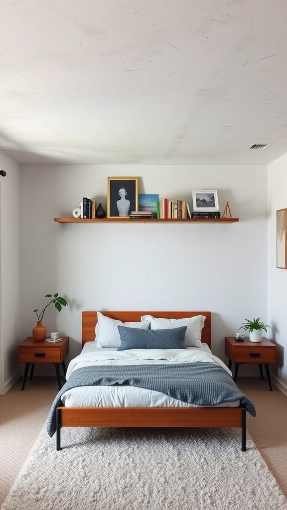A cozy unfinished basement bedroom featuring a bed, nightstands, and floating shelves with books and decor.
