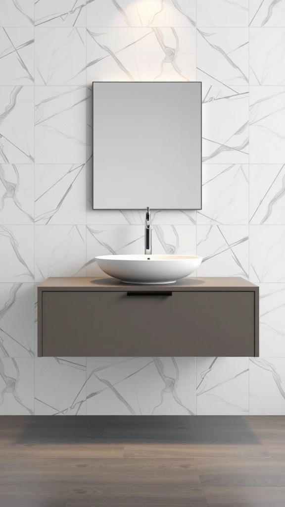 A modern floating vanity featuring a smooth basin, clean lines, and light-colored wall tiles.