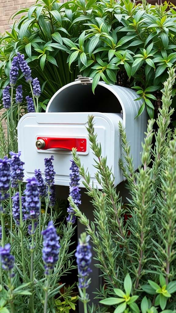 A mailbox surrounded by fragrant lavender and rosemary flowers, creating a sensory-rich flower bed.