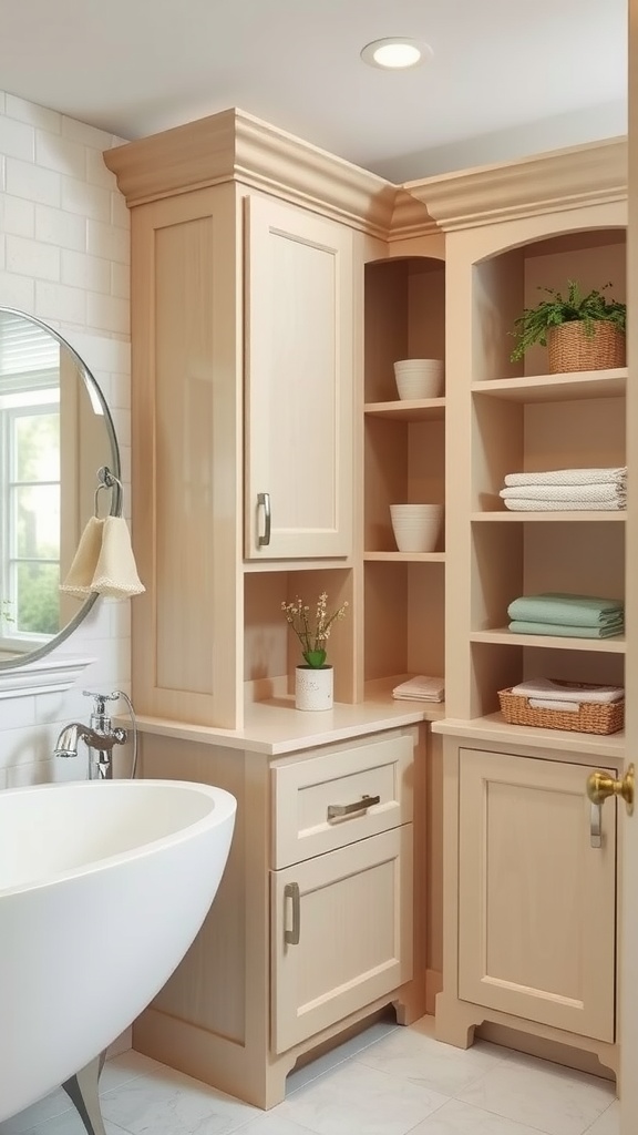 Stylish beige bathroom storage with cabinets and open shelves