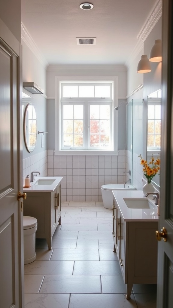 A well-lit hall bathroom featuring a dual sink layout, elegant cabinetry, and a large window.