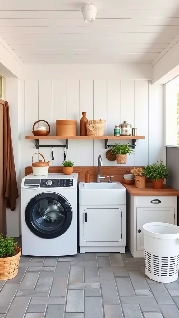 A functional farmhouse laundry station featuring a washing machine, utility sink, wooden counter, and decorative shelves with potted plants.