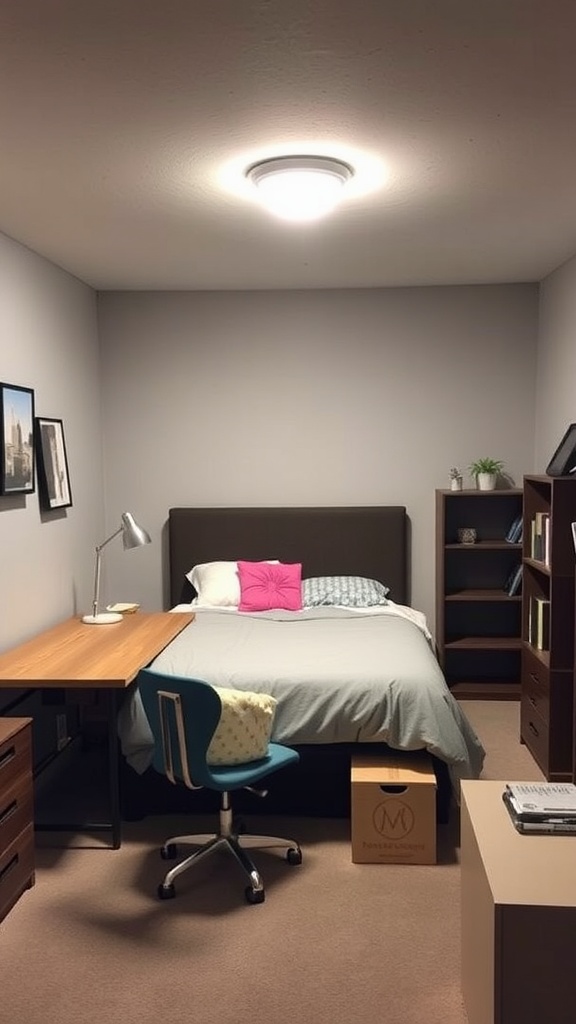 A cozy basement bedroom with a bed, desk, chair, and bookshelf.