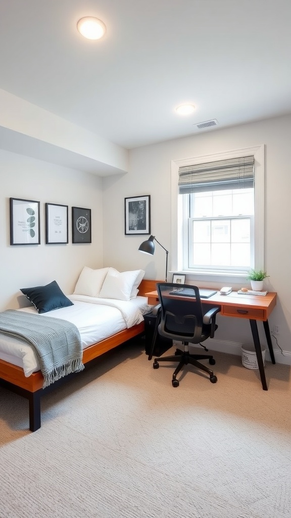 A cozy basement bedroom featuring a workspace with a desk, chair, and a bed