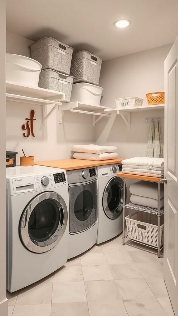 A well-organized small laundry room with three washing machines, wooden countertop, and storage baskets on shelves.