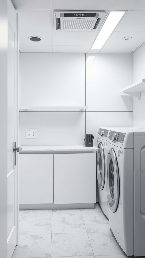 A modern laundry room featuring white cabinetry, smart washer and dryer, and a clean, organized layout.