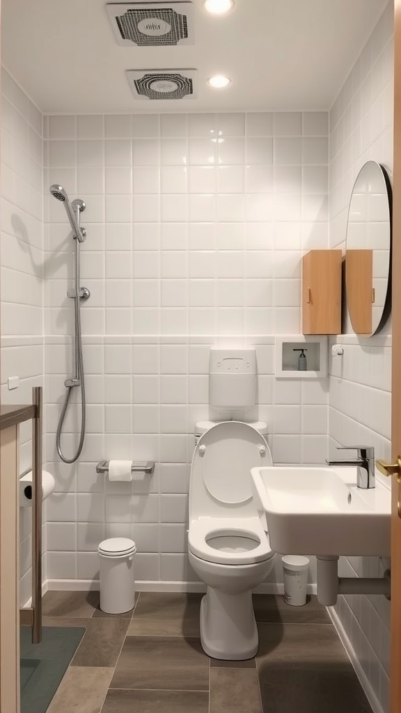 Modern combined bathroom and toilet with shower, sink, and storage