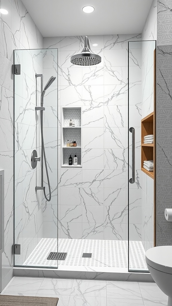 Modern bathroom shower design with glass enclosure and marble tiles