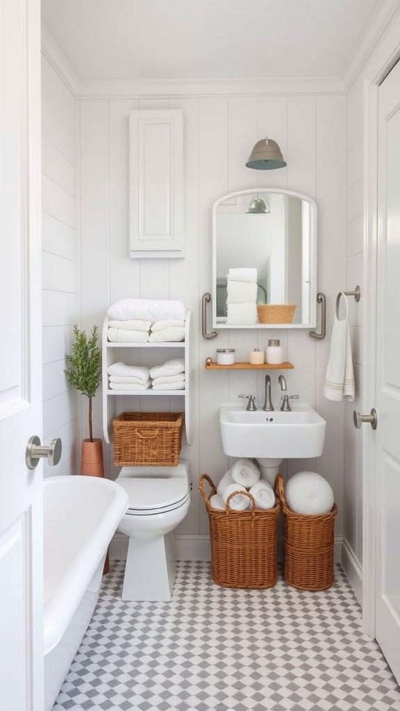 Coastal bathroom with functional storage solutions including shelves, baskets, and a minimalist sink.