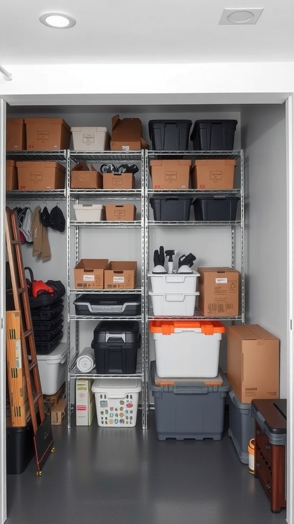 Organized basement storage with shelves and bins.